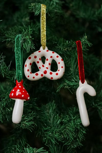 Beige & Stone Christmas Tree Ornament Ceramic Pretzel, Spotted Bagel, White Cane and Mushroom Set of 3 Pine Tree Ornament