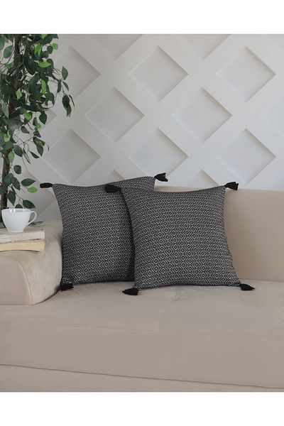 Lux Touch Husă de pernă neagră Bergama din 2 piese - Pernă cu fermoar cu smocuri, 45x45 cm