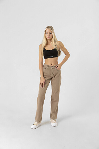 Darkly Jeans Kadın Bej Yüksek Bel Straight Fit Jean Pantolon
