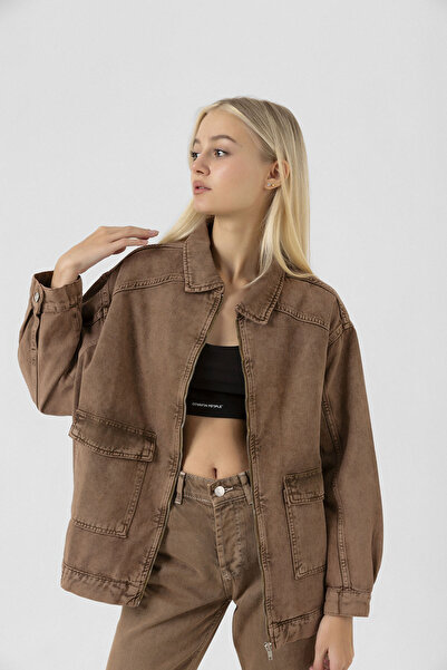 Darkly Jeans Kadın Oversize Kahve Fermuarlı Ceket