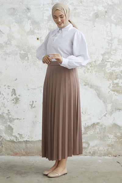 InStyle Luisa Waist Elastic Pleated Skirt - Milky Brown