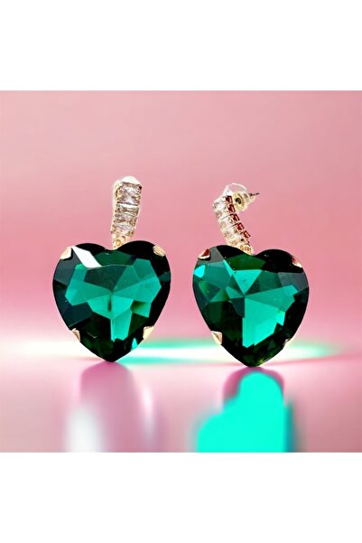 alsaccessories Yeşil Renk Kristal Taşlı Kalp Figürlü Üst Kısmı Zirkon Taşlı Gold Renk Şık Küpe