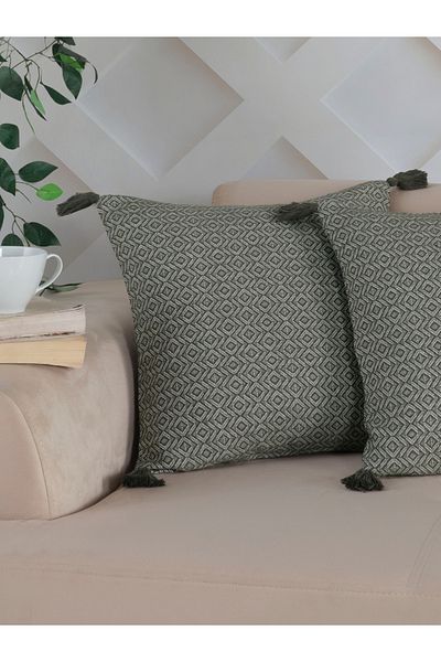 Lux Touch Κάλυμμα μαξιλαριού Bergama Khaki Throw - 2-Pompom, 45x45 cm, Μαξιλάρι με φούντα με φερμουάρ