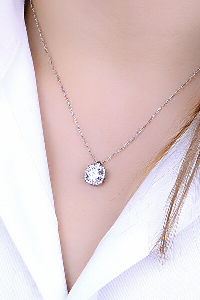 KAR DİAMOND Orijinal Gümüş Rodyumlu Zirkon Taşlı Pırlanta Modeli Tek Taş Kolye - Sertifikalı