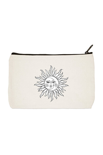 designedfy حقيبة مكياج قماشية مطبوعة بالشمس والوجه، حامل أقلام، حقيبة يد