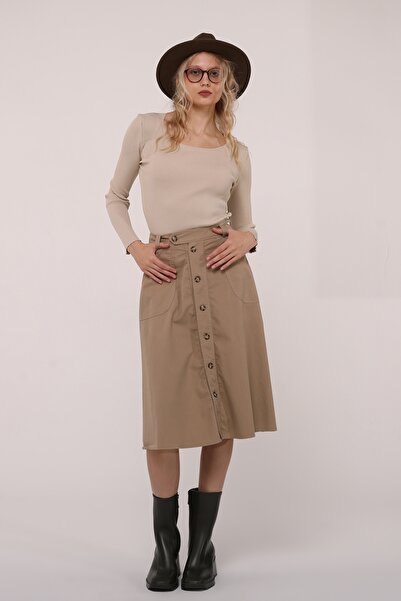 Atölye Güven Beige Gabardine 100% Cotton Buttoned Pocket Midi Bell Skirt