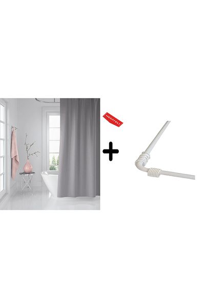 Zethome Κουρτίνα μπάνιου Γκρι 1x180x200, Κρεμάστρα Κουρτινών Γωνιακός Σωλήνας Λευκό Δώρο, Σετ Κουρτίνας Ντους