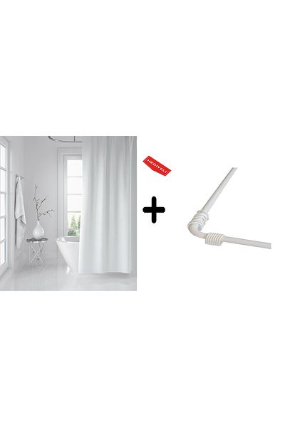 Zethome Κουρτίνα μπάνιου Λευκή 1x180x200, Κρεμάστρα Κουρτινών Γωνιακός Σωλήνας Λευκό Δώρο, Σετ Κουρτίνας Ντους