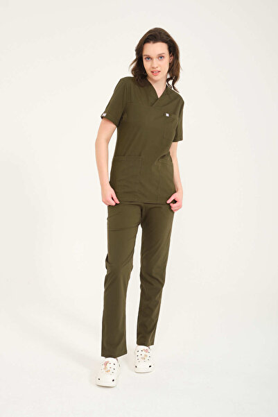 Pratik Medikal Scrub-uri unisex din Lycra - Verde kaki, guler plic, costum de...
