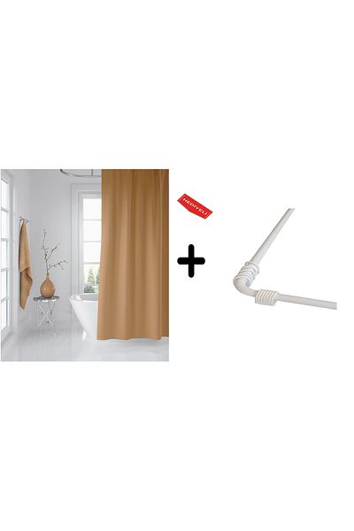 Zethome Κουρτίνα μπάνιου Μπεζ 1x180x200, Κρεμάστρα Κουρτίνας Γωνιακός Σωλήνας Λευκό Δώρο, Σετ Κουρτίνας Ντους
