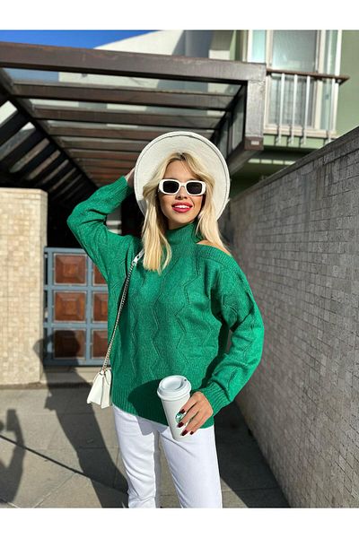 Valiberta Shoulder Low-cut Turtleneck Sweater - Green