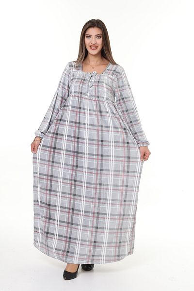 mervemoda Γυναικείο γκρι plus size βελούδινο μακρύ φόρεμα με μακριά μανίκια υψηλής ποιότητας