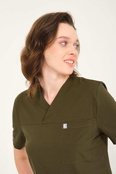 Pratik Medikal Likralı Scrubs Haki Yeşil Zarf Yaka Doktor Hemşire Forması Tek...