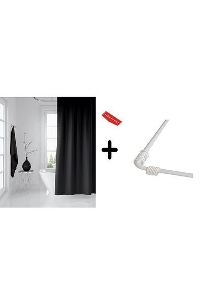 Zethome Κουρτίνα μπάνιου Μαύρη 1x180x200, Κρεμάστρα Κουρτίνας Γωνιακός Σωλήνας Λευκό Δώρο, Σετ Κουρτίνας Ντους