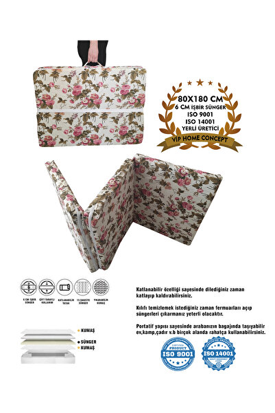 Vip Home Concept Tek Kişilik Katlanır Yatak Sünger Yatak Minder 80x180 Cm Deprem Yatağı Kamp Yatağı Ingiliz Gülü.