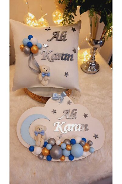 Sevil Tasarım Erkek Bebek Bulut Bubble Kapı Süsü & Takı Yastığı Seti