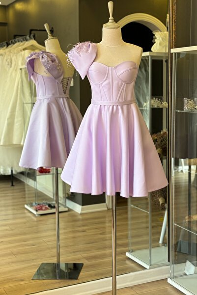 Lenta Moda Lila Saten Mini Abiye ve Gece Elbisesi