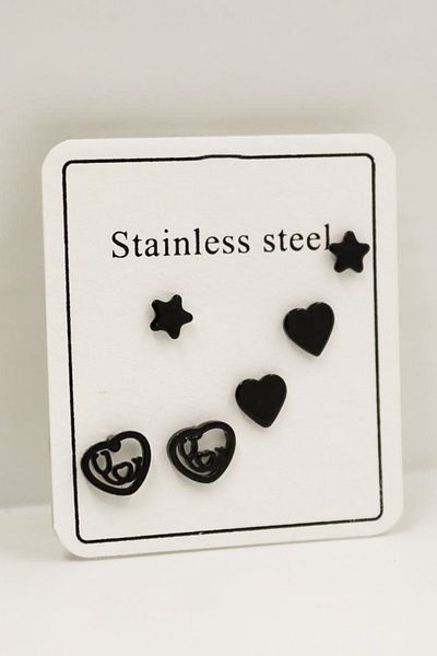 EUROMODA Stainless Tarnish Stainless Steel Heart Designed Star and Heart Earring Set of 3 Steel Earrings