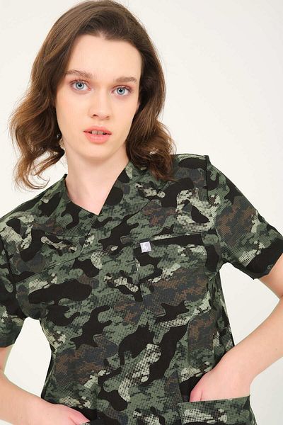Pratik Medikal Lycra Scrubs Camouflage Envelope Collar Doctor Nurse Jersey Single Top