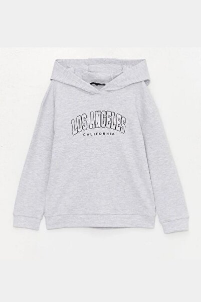 Black&Small Gri Pamuklu Baskı Detaylı Kapüşonlu Sweatshirt