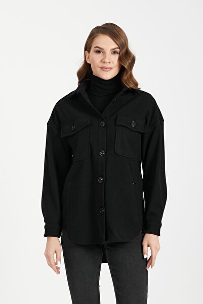 STİLPİX Kadın Siyah Düğmeli Kaşe Gömlek | Women's Black Buttoned Stitched Shirt