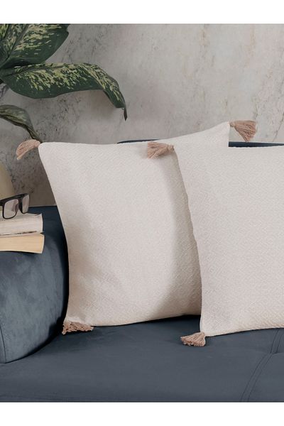 Lux Touch Husa de perna Bergama Ecru Bej Pompon - 45x45 cm Perna cu ciucuri cu fermoar