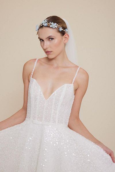 MK MODA ATELİER Accesoriu pentru păr Coroana de mireasă din aur cu flori albastre
