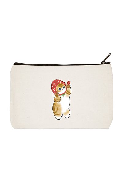 designedfy Strawberry Cat Printed υφασμάτινη τσάντα μακιγιάζ, θήκη για στυλό, τσάντα χειρός, πορτοφόλι
