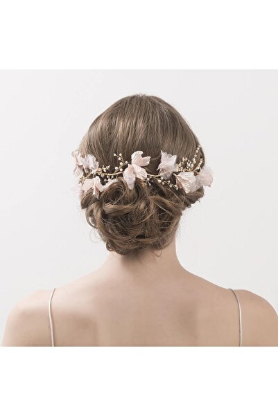MK MODA ATELİER Pembe Çiçekli Kristal Taşlı Bağlamalı Gelin Saç Aksesuarı