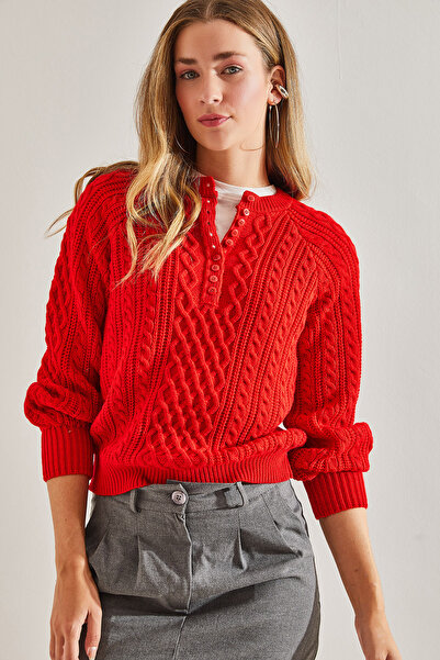 Bianco Lucci Women's Red Hair Braided Buttoned Knitwear Sweater 20234244