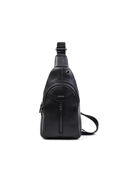 Grande 4270 Hakiki Deri Unisex Göğüs Çantası, Body Bag Arsel Siyah