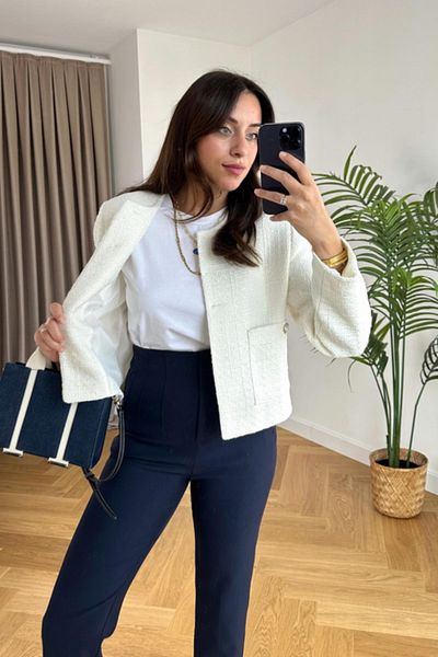 HASYAMORE White Crew Neck Padded Short Tweed Jacket with Silver Button Detail