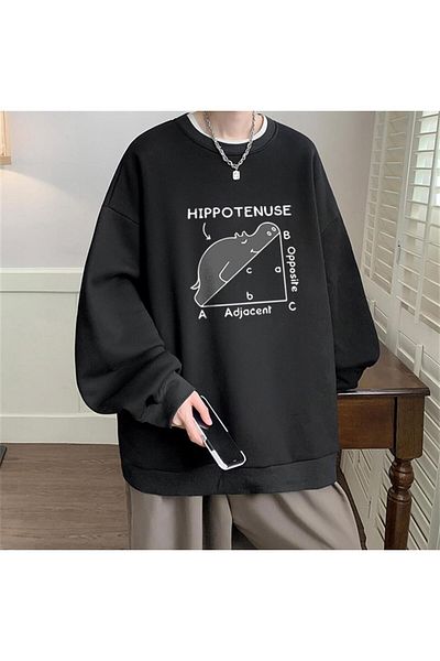 Touz Black Hippotenuse Printed Unisex Oversize Sweatshirt - Crew Neck