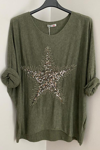 AYASOFYA OTANTIK Γυναικείο ιταλικό χακί πουλόβερ με στρογγυλή λαιμόκοψη με παγιέτες και αστέρια, φαρδύ μακρυμάνικο πλεκτό πουλόβερ