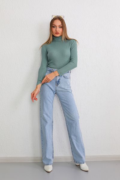 BİKELİFE Pulover de damă, verde, elastic, cu guler rotit, tricotaj