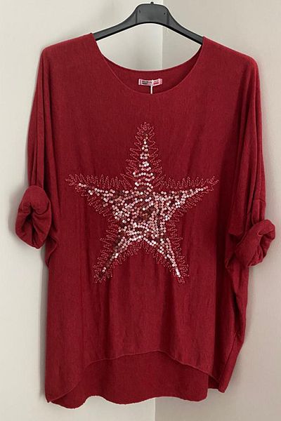 AYASOFYA OTANTIK Burgundy Sequined Star Embroidered Knitwear Blouse Sweater - Loose Long Sleeve