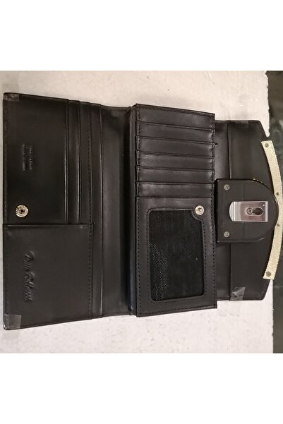 Tony Bellucci Kadın hakiki deri siyah baskılı 3 geniş 1 fermuarlı 3 gizli 1 şeffaf 7 kart gözlü çıtçıtlı cüzdan