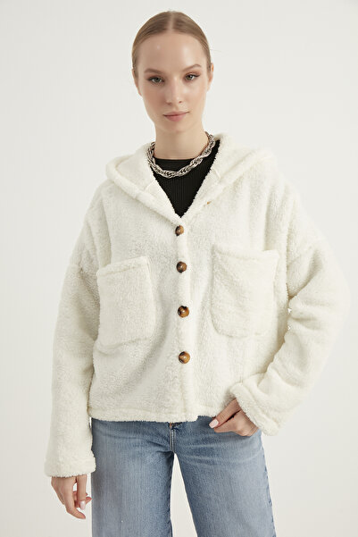 MEECY Γυναικεία λευκή βελούδινη ζακέτα με διπλή τσέπη με κουκούλα