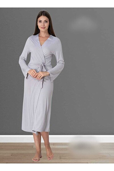 Lohussa Women's Gray Design Cotton Long Belted Dressing Gown