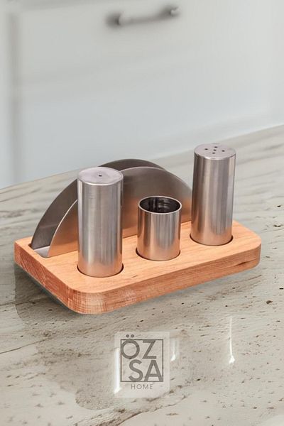ÖzSa Home 4 Compartment Wooden Napkin Holder Toothpick Holder Salt Shaker Spice Set Diner Restaurant Set 5 Piece Menage Set