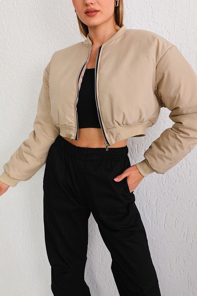 BİKELİFE Women's Beige Oversize Bomber Jacket Coat