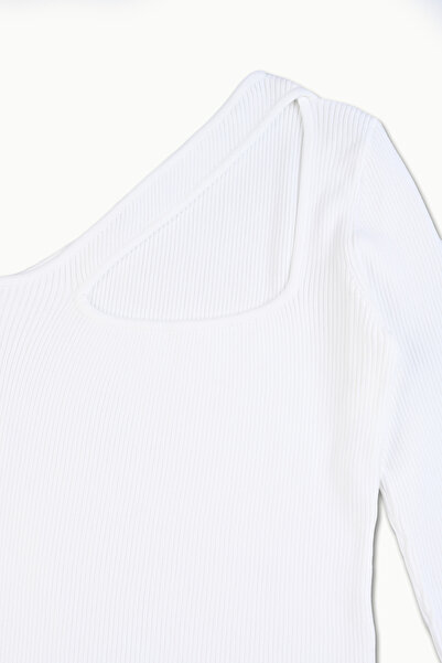 Dilvin 90133 Sağ Omuz Açık Tek Kol Triko Elbise-Ekru