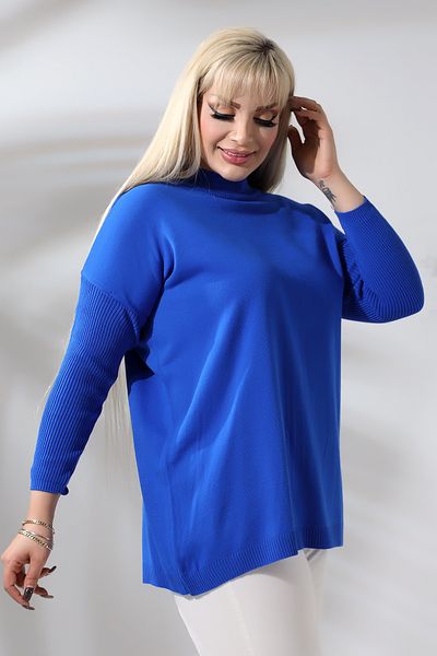 MJORA Pulover de mărime mare, tricotaj subțire, cu jumătate de gât țesut albastru