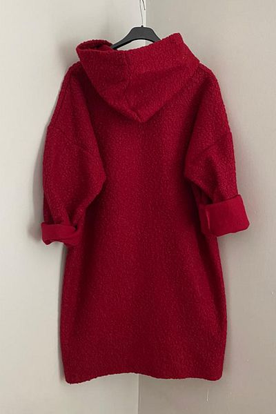 AYASOFYA OTANTIK Women's Italian Red Hooded Zippered Pocket Long Oversize Loose Boucle Coat