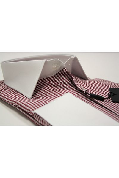 Chamis SlimFit Claret Red Gingham Contrast White Collar Shirt