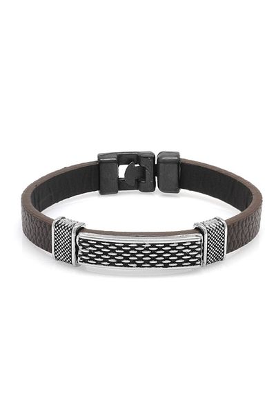 Nipora Dot Embroidered Brown Non-Tarnish Metal-leather Combination Men's Bracelet