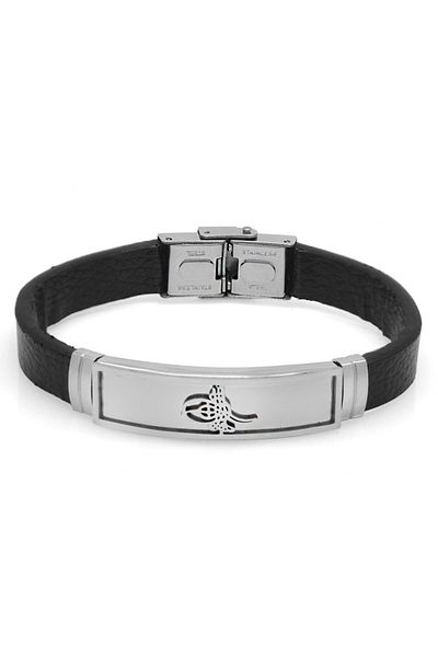 Nipora Tuğra Design Black Leather-steel Combination Men's Bracelet