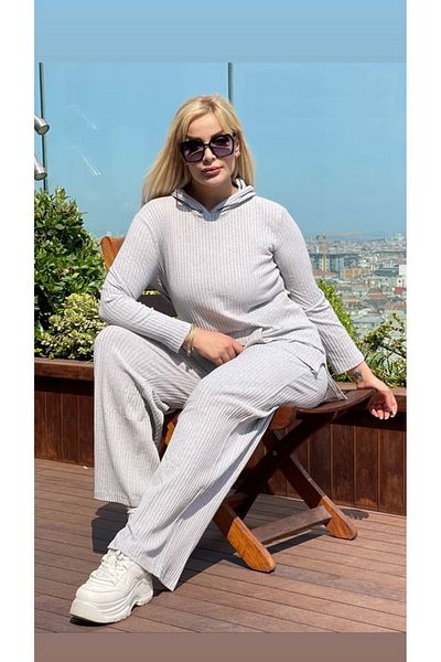 Butik Nilyam Women's Large Size Sweatshirt Hooded Kangaroo Pocket Lycra Camisole Set 21040 Gray