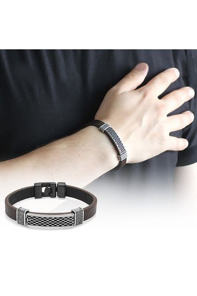 Nipora Dot Embroidered Brown Non-Tarnish Metal-leather Combination Men's Bracelet