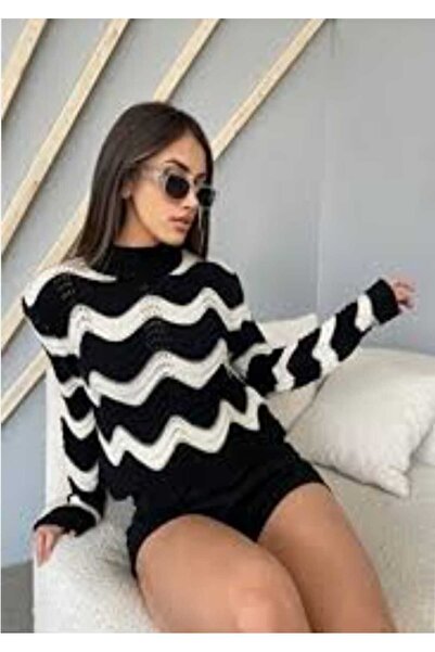 Azra Moda Style Pulover negru pentru femei, cu model ondulat, guler ridicat
